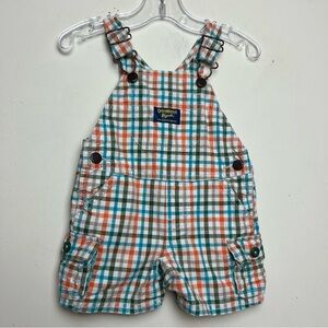OshKosh B'Gosh Vestbak 6 M Orange  White Blue Green Plaid Bibbed Cargo Shortalls
